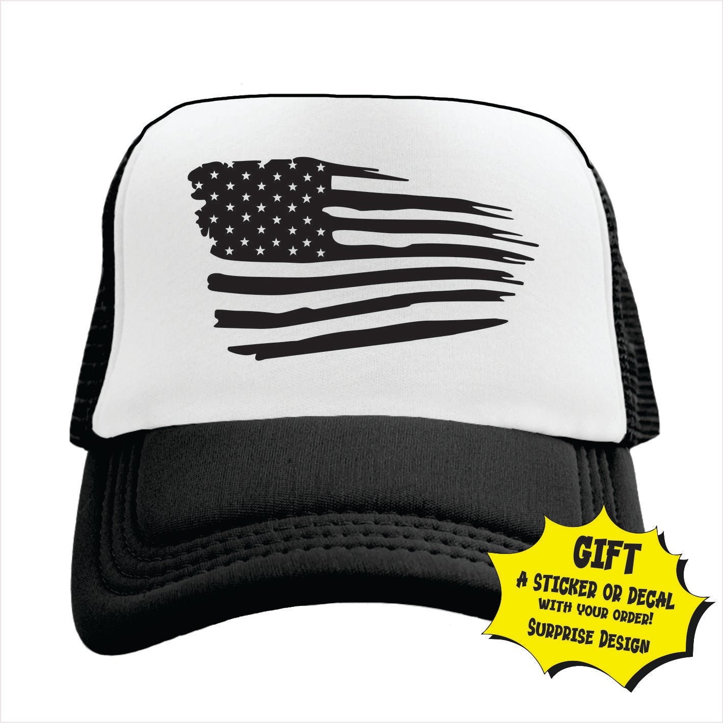 Black and white trucker hat cap with usa flag printed on the front.