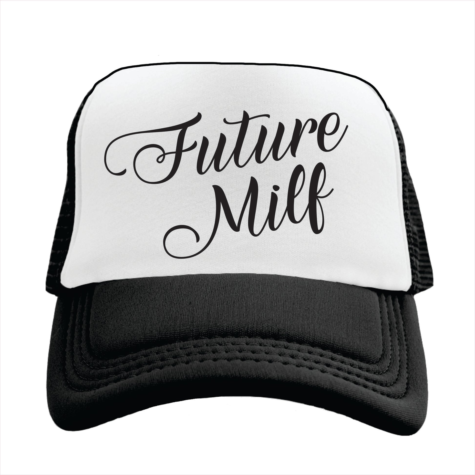 Black and white trucker hat cap with the text 'Future milf' written on the front panel.