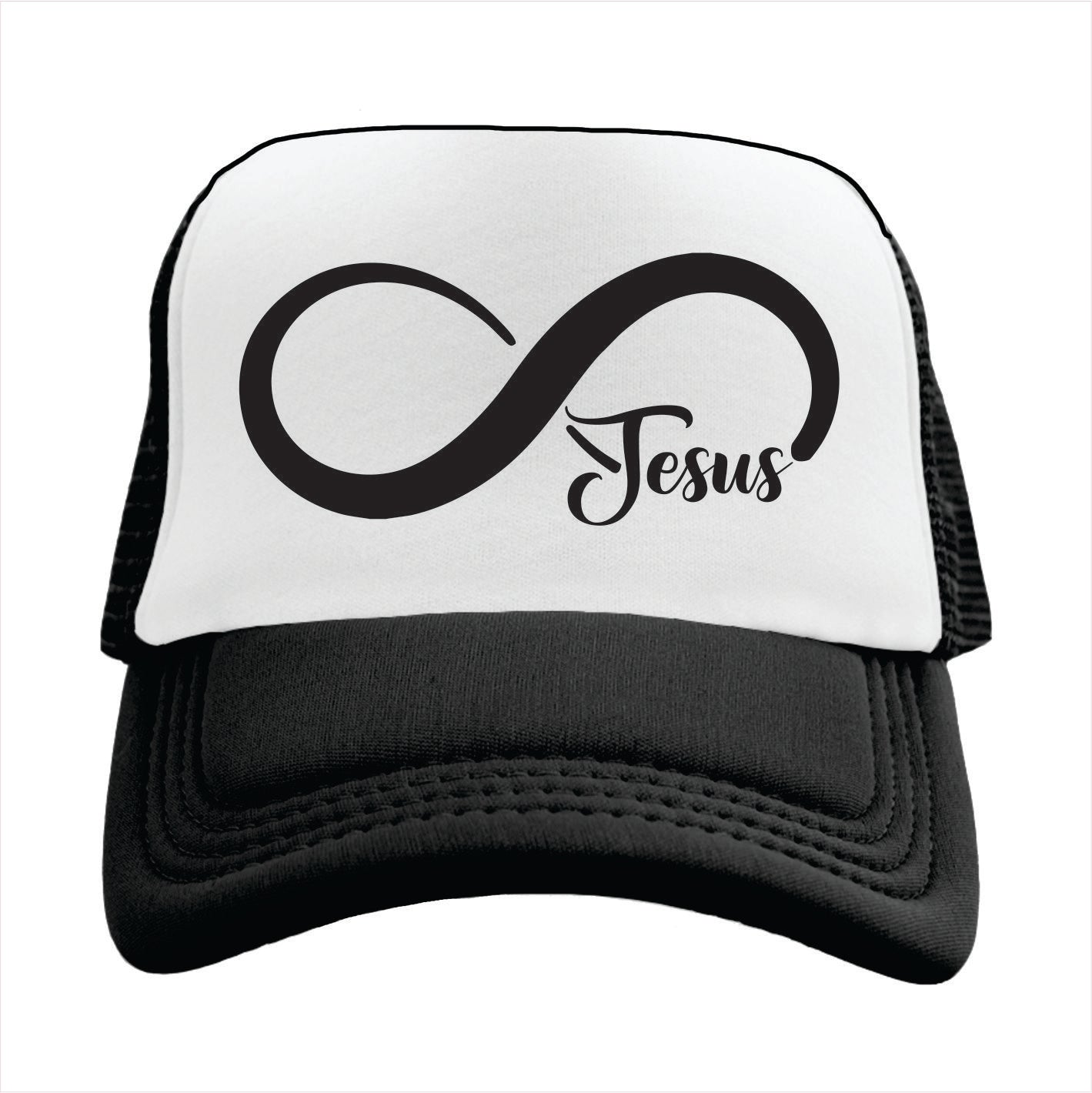 Black and white trucker hat cap with infinity symbol and 'Jesus' text on a white background