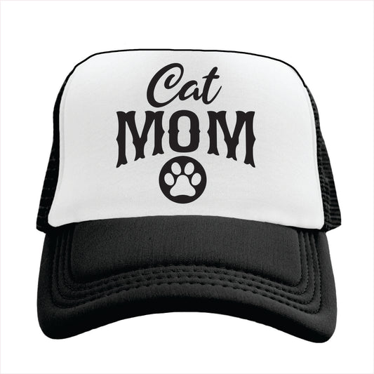 Black and white trucker hat cap with 'Cat Mom' text and paw print on a white background