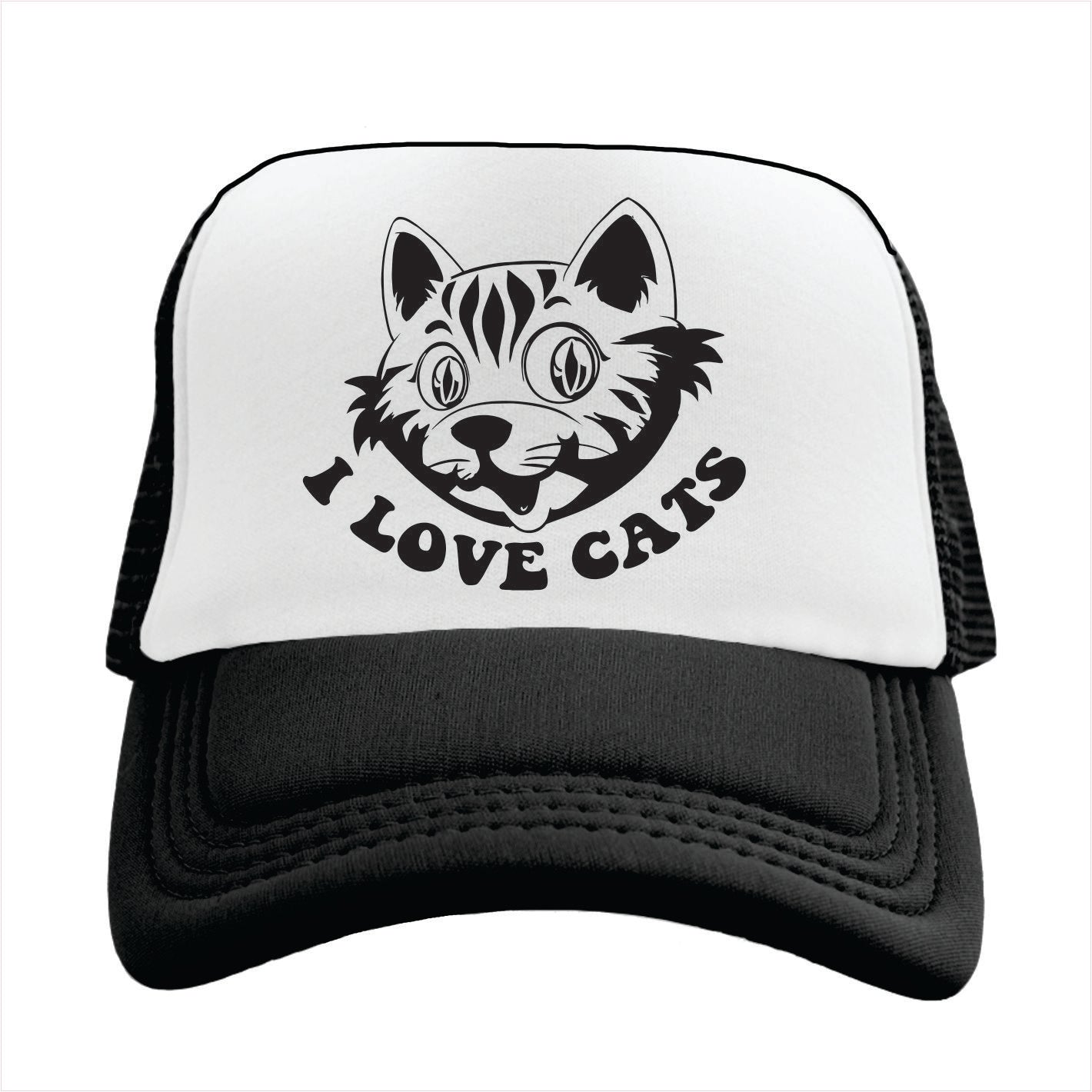 Black and white trucker hat cap with a cat design and 'I Love Cats' text on a white background