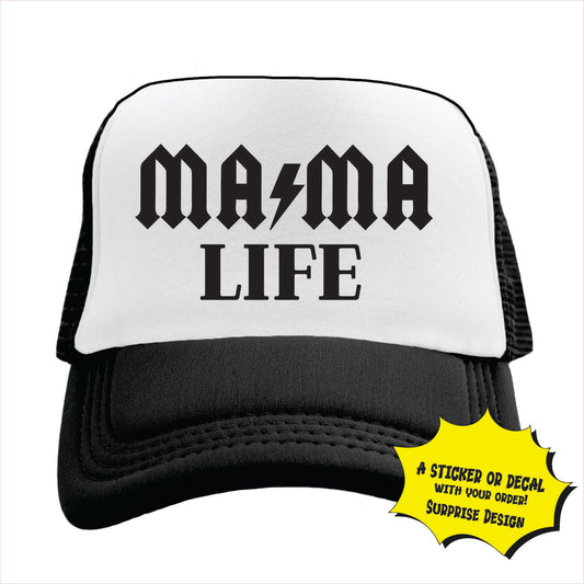 Black and white trucker hat cap with 'MAMA LIFE' text in black, featuring a lightning bolt symbol.