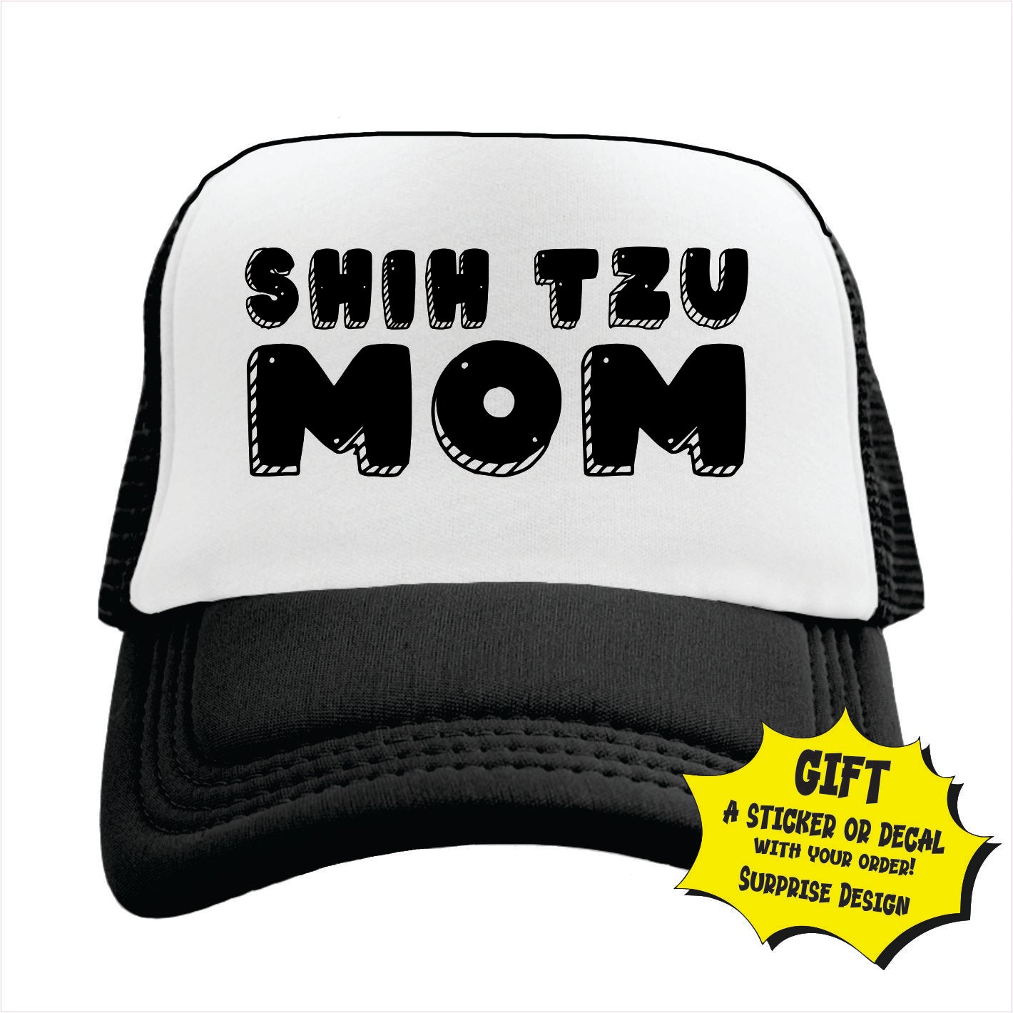 Black and white trucker hat cap with 'SHIH TZU MOM' text on a white background
