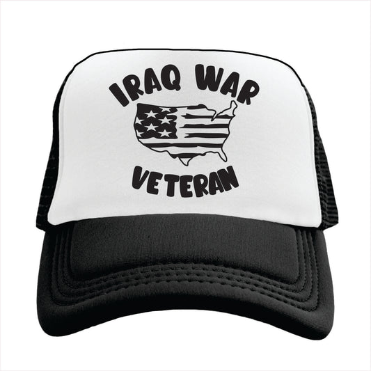 Trucker hat with 'Iraq War Veteran' text and American flag design on a white background