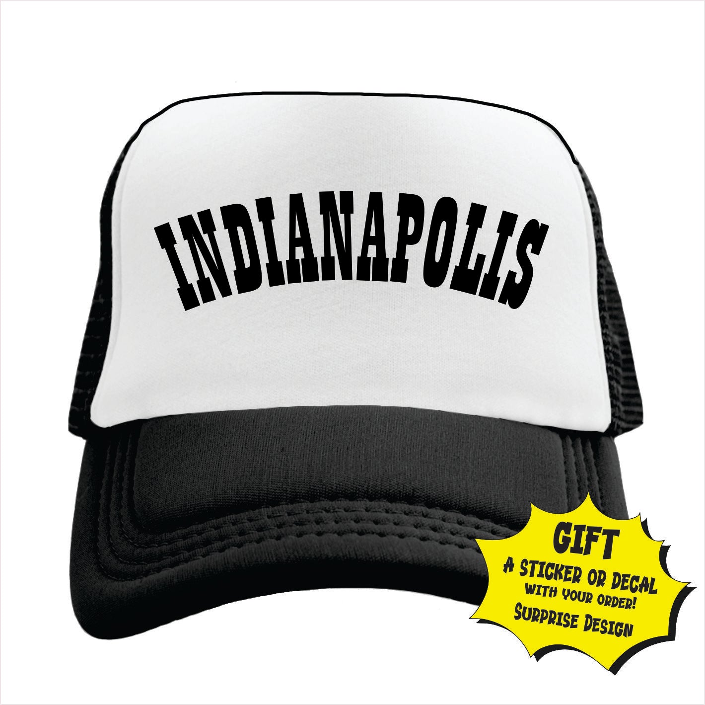 Black and white Indianapolis trucker hat cap with an adjustable strap, featuring the word 'INDIANPOLIS' in bold black letters on the front.