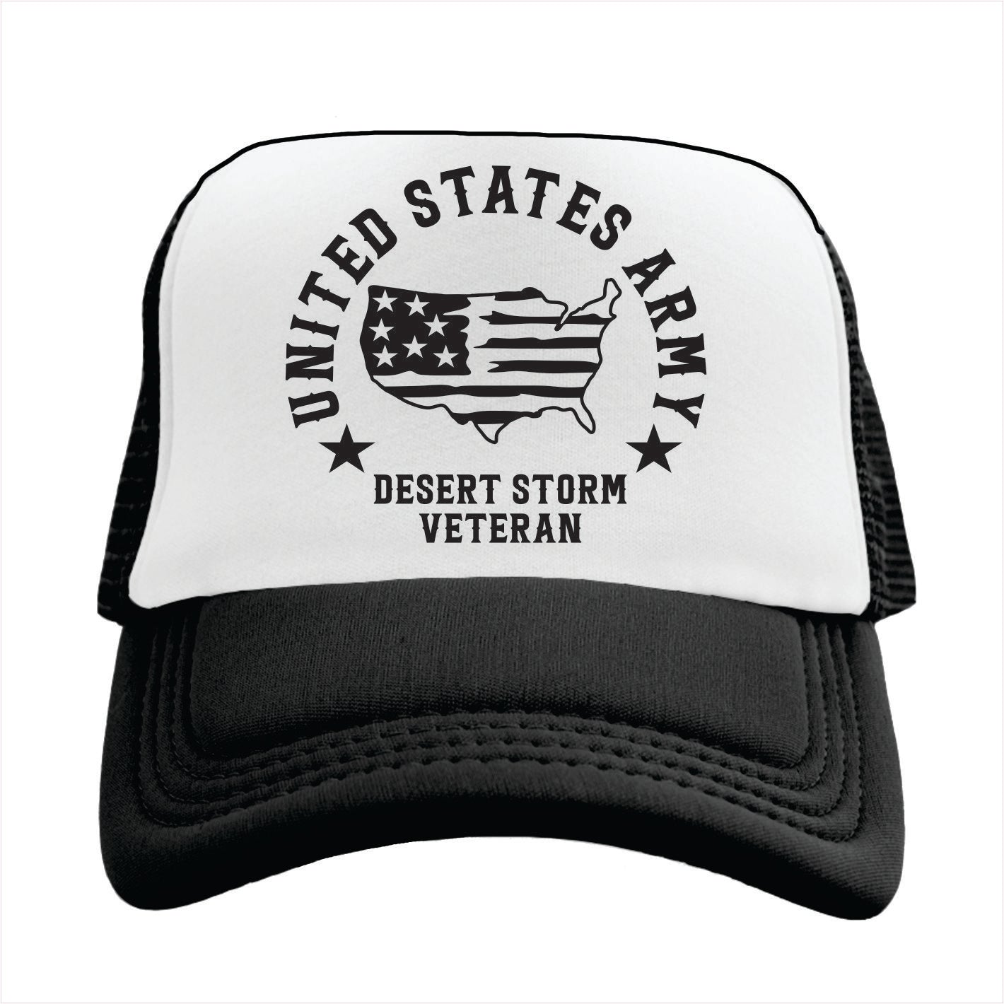 Black and white Trucker hat with 'United States Army Desert Storm Veteran' text and logo on a white background