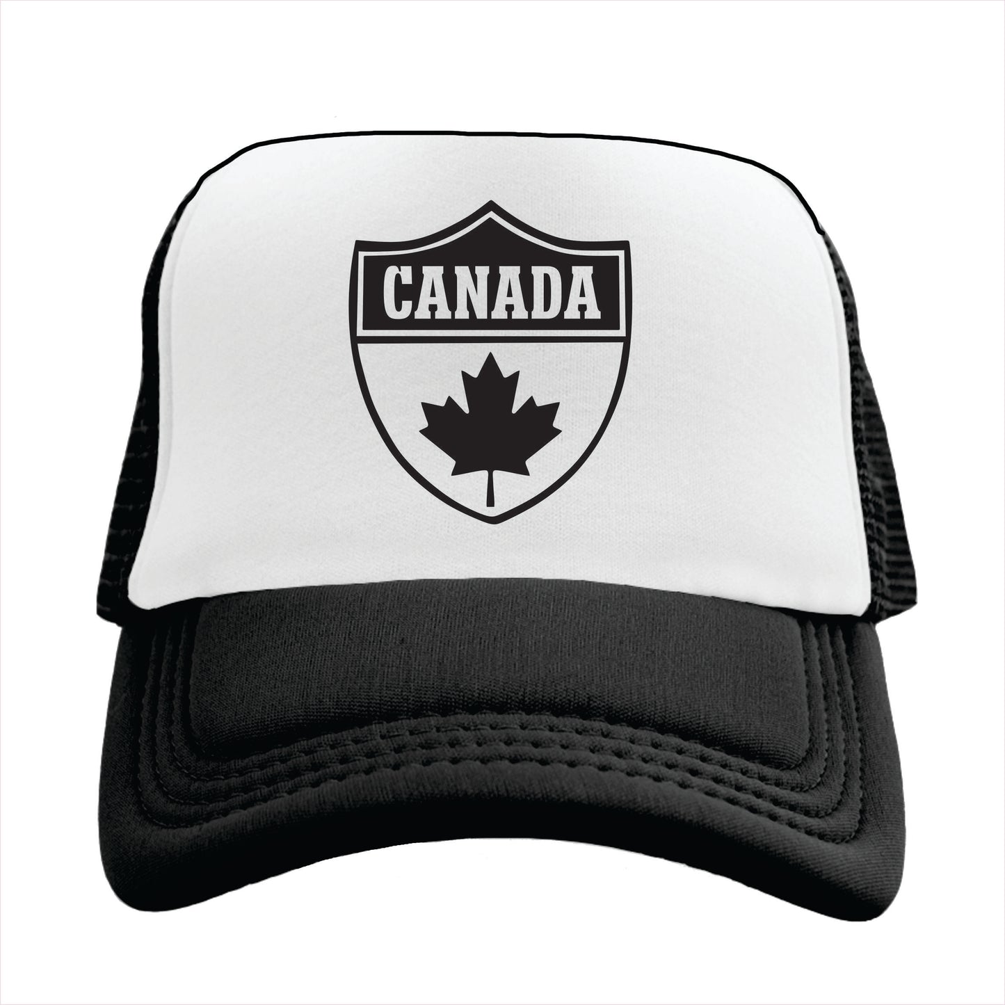 Black and white trucker hat cap with the text 'Canada'.