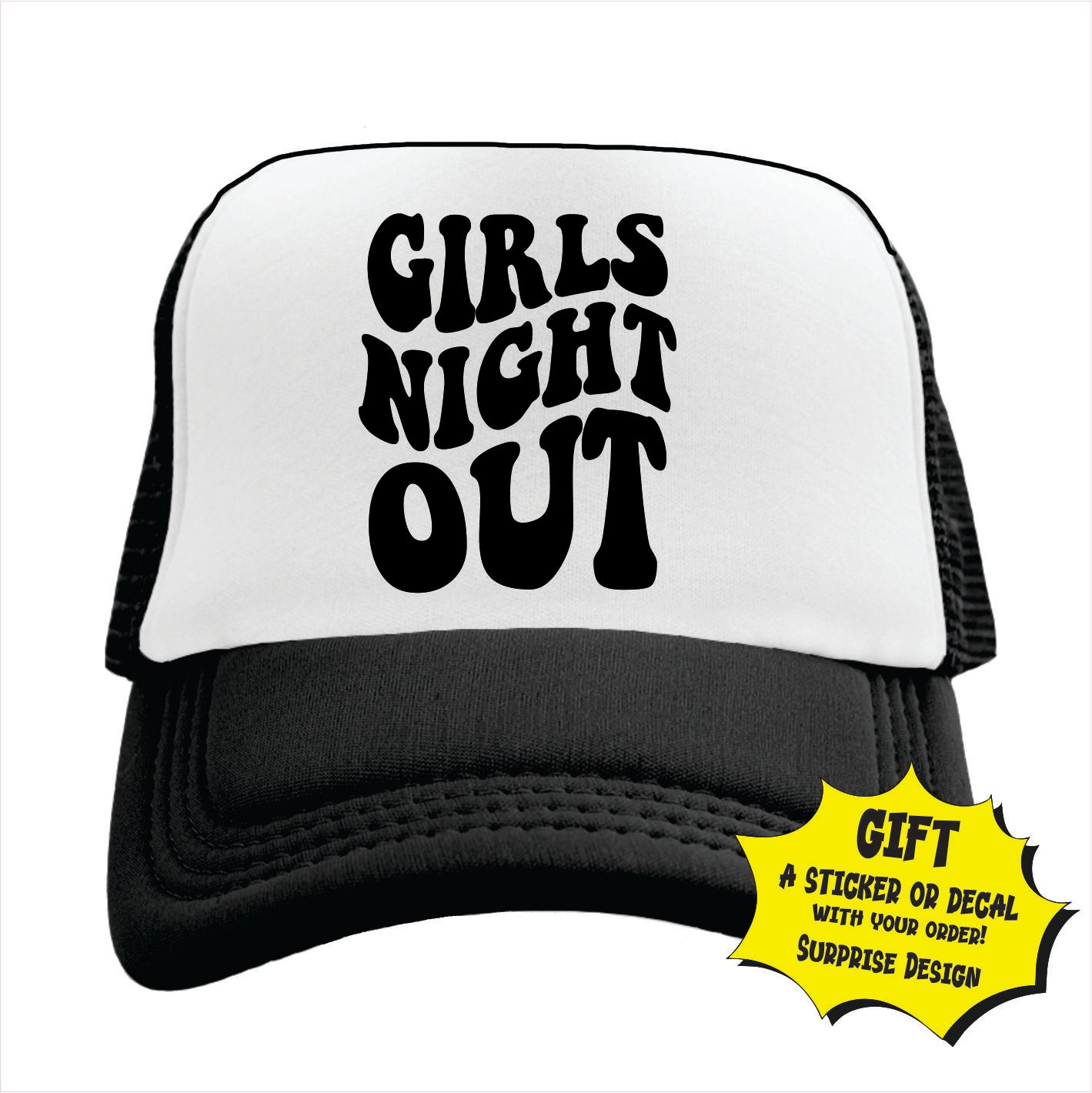 Black and white trucker hat cap with 'GIRLS NIGHT OUT' printed in bold letters on the front.