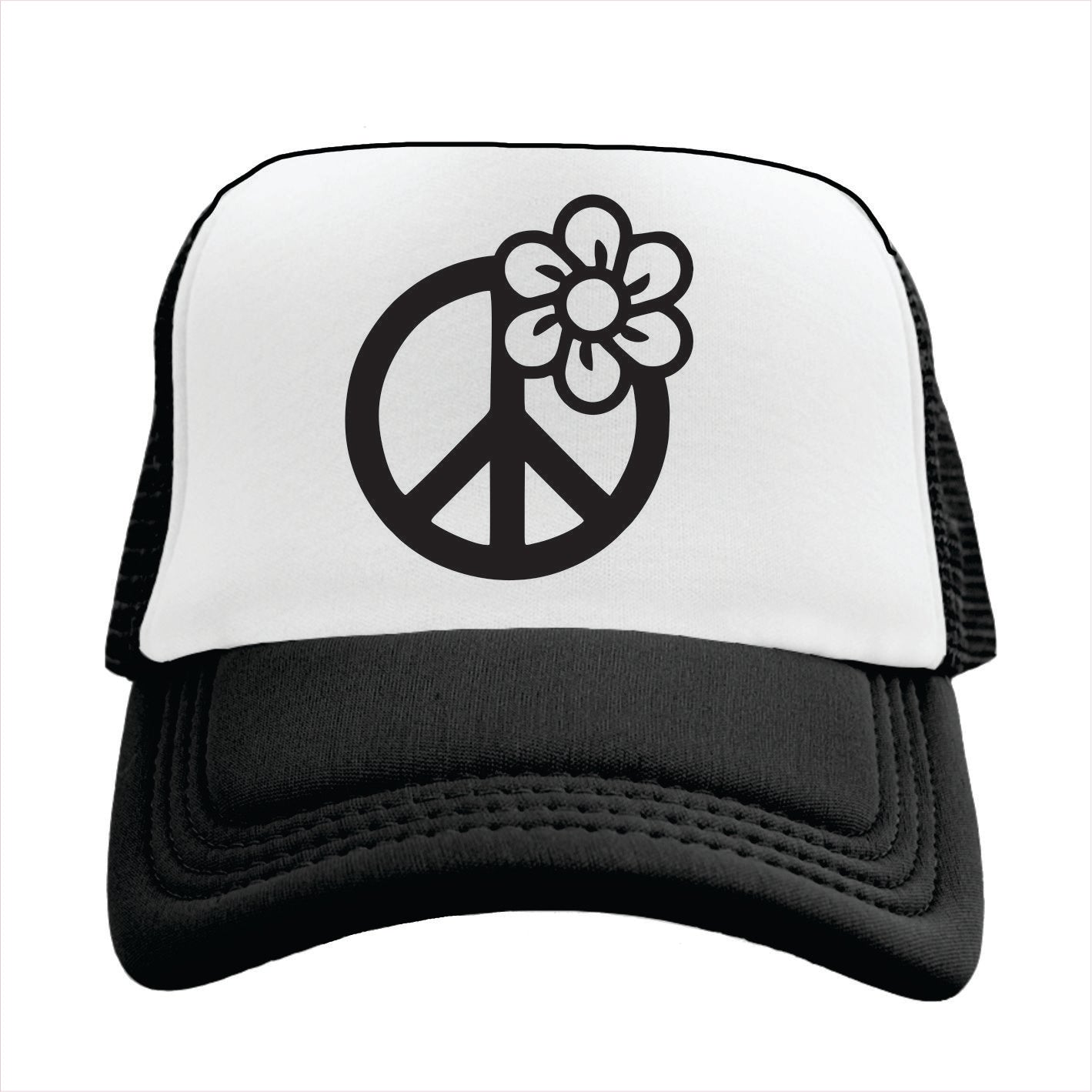 Black and white trucker hat cap with peace symbol and flower design on a white background