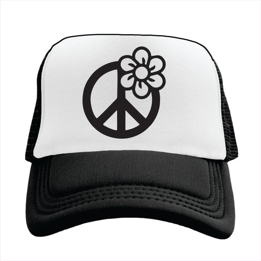 Black and white trucker hat cap with peace symbol and flower design on a white background
