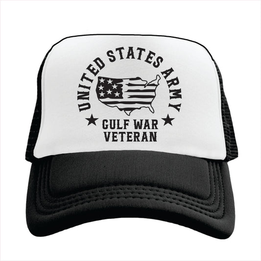 Black and white Trucker hat with 'United States Army Gulf War Veteran' text and logo on a white background