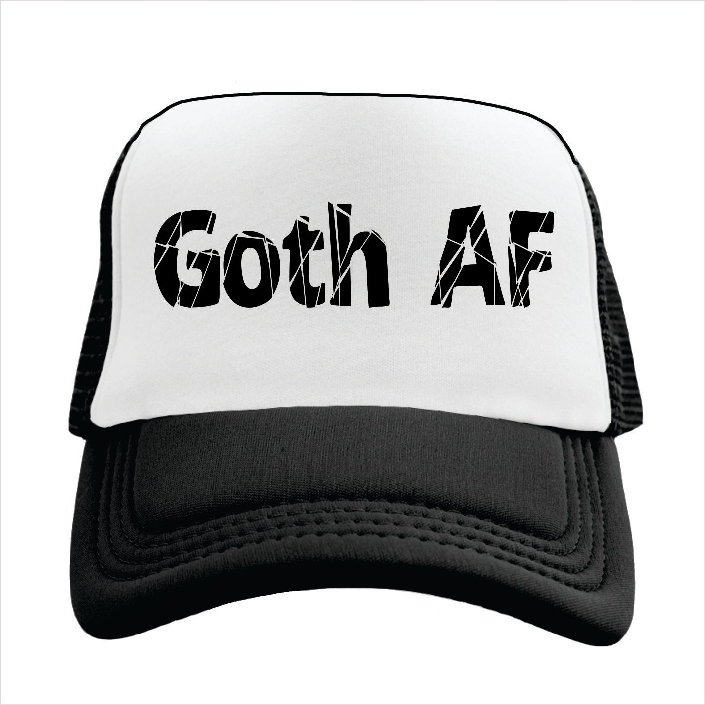 Black and white cap with 'Goth AF' text on a white background