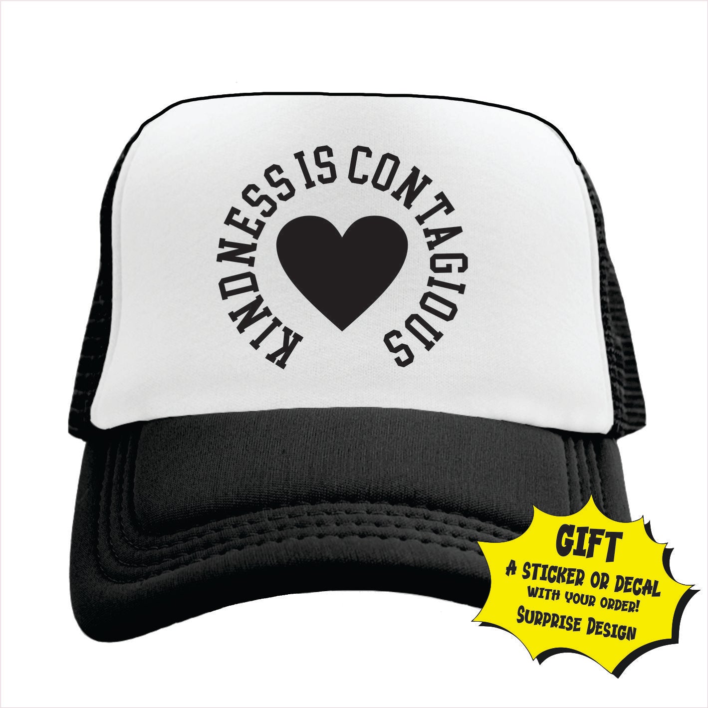 Black and white trucker hat cap with a heart symbol and the phrase 'Kindness is Contagious' printed on the front.