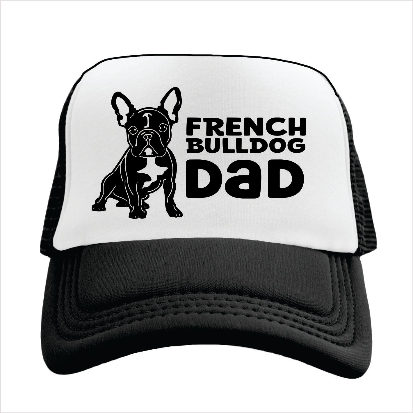 Black and white trucker hat cap with a French Bulldog design and 'French Bulldog Dad' text on a white background