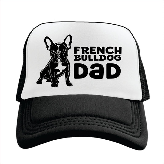 Black and white trucker hat cap with a French Bulldog design and 'French Bulldog Dad' text on a white background