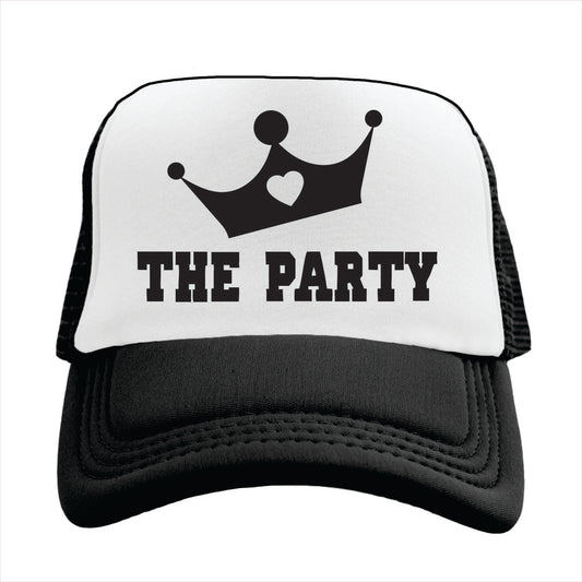 Black and white trucker hat cap with a crown and 'THE PARTY' text on a white background