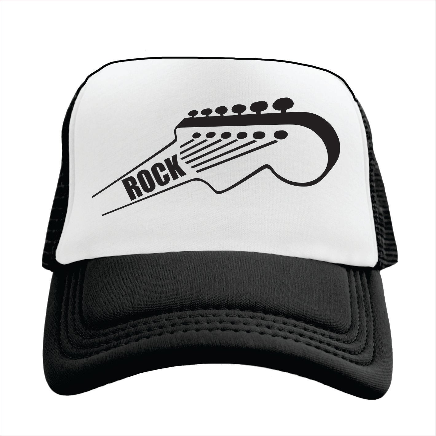 Black and white trucker hat cap with guitar design and 'Rock' text on a white background