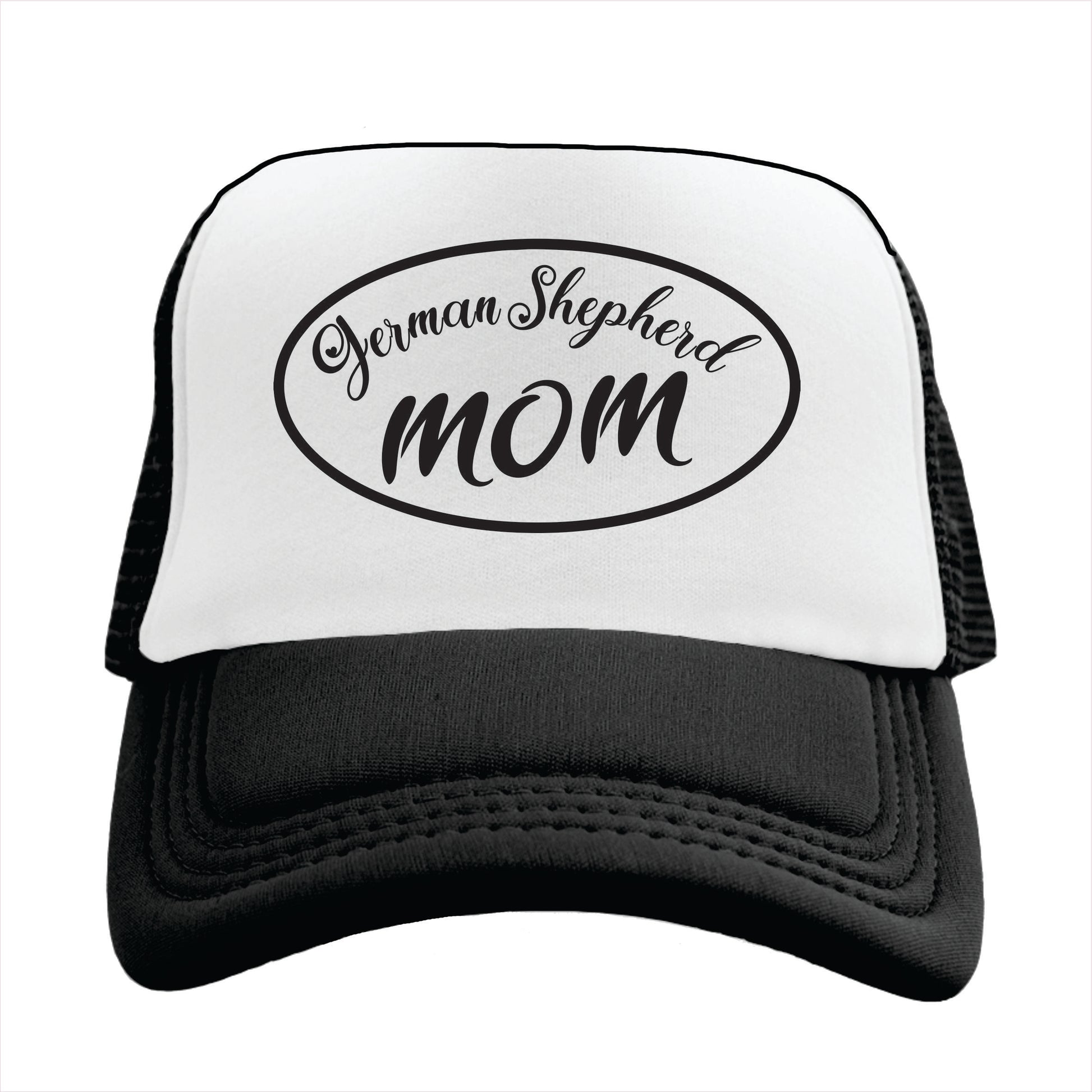 Black and white trucker hat cap with 'German Shepherd MOM' printed in red on the front.
