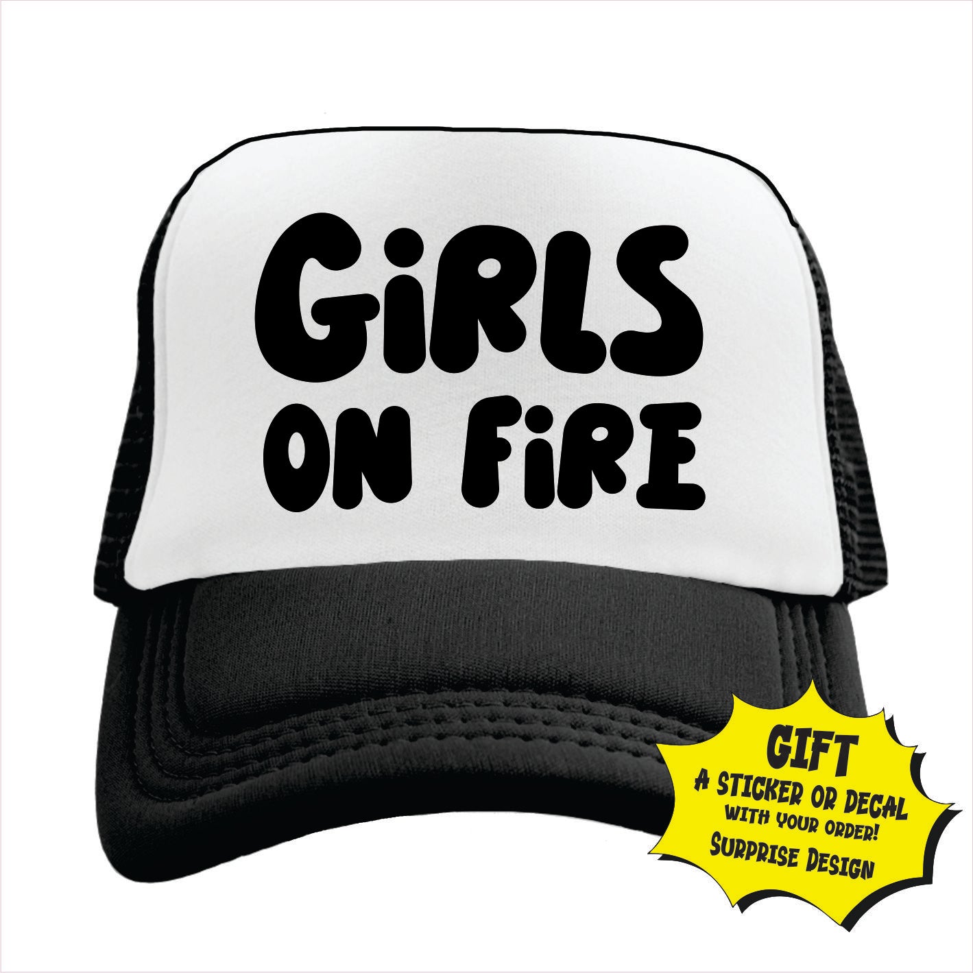 Black and white trucker hat cap with 'GIRLS ON FIRE' text in capital letters on the front.