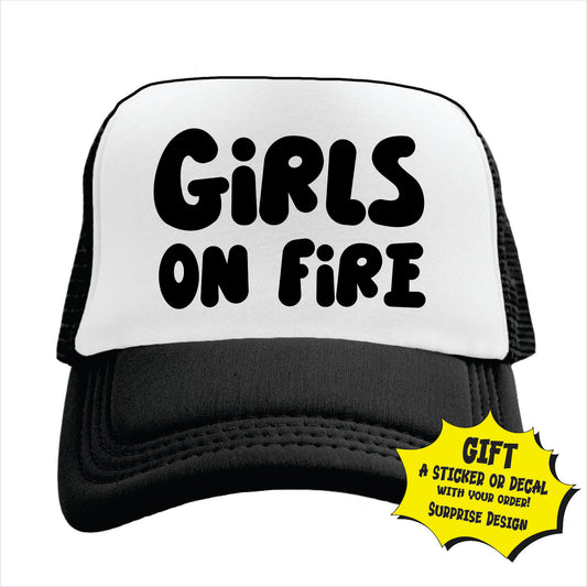 Black and white trucker hat cap with 'GIRLS ON FIRE' text in capital letters on the front.