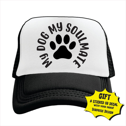 Black and white cap with 'My Dog My Soulmate' text and paw print on a white background
