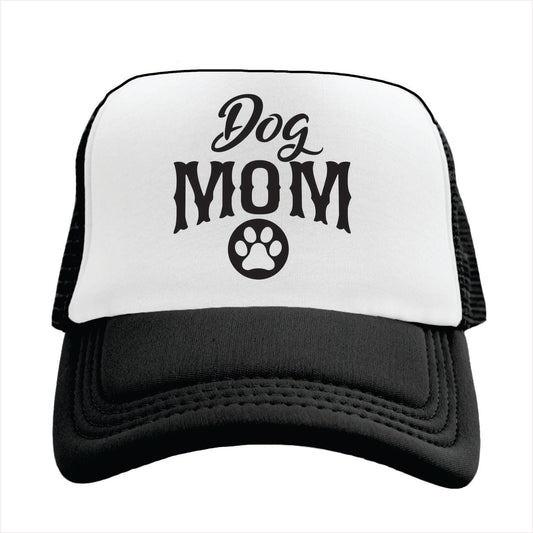 Black and white trucker hat cap with 'Dog Mom' text and paw print on a white background