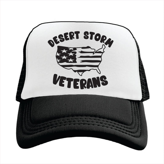 Black and white Trucker hat with 'Desert Storm Veterans' text and American flag design on a white background