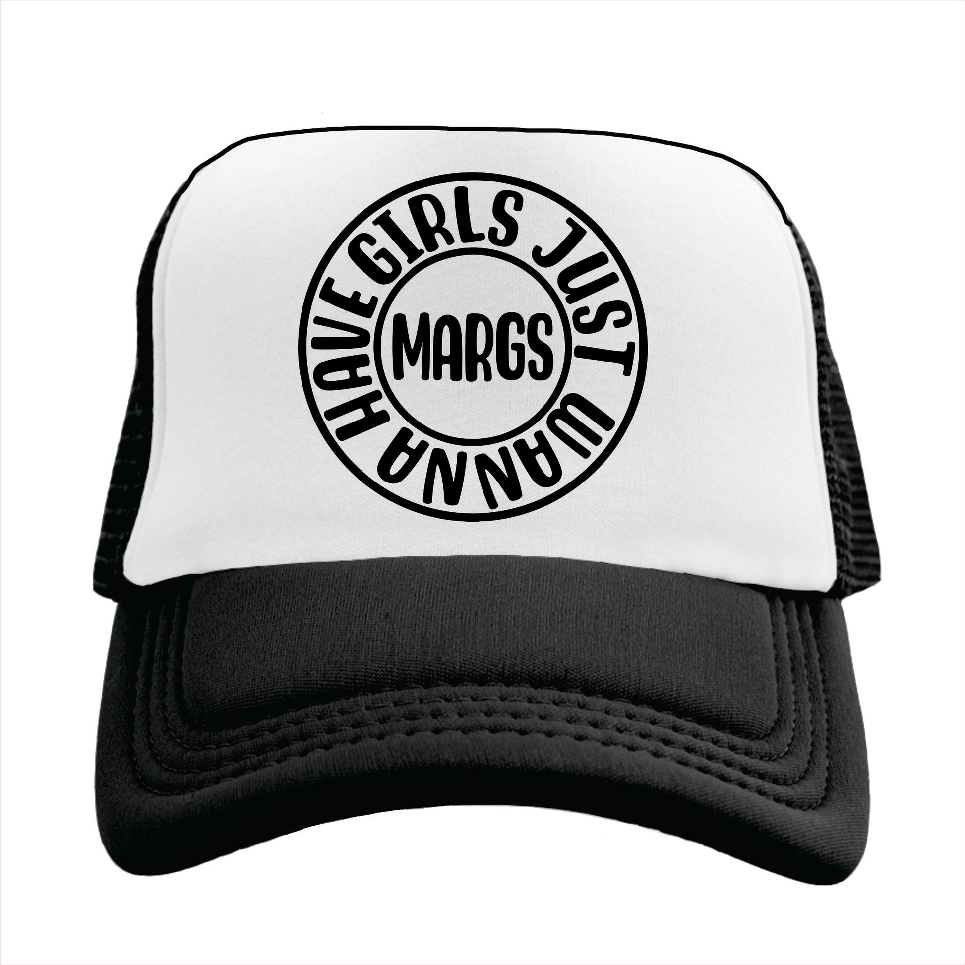 Black and white trucker hat cap with the text 'MARGS' in the center, framed in a circular design with the phrase 'Girls just wanna have margs' around it.