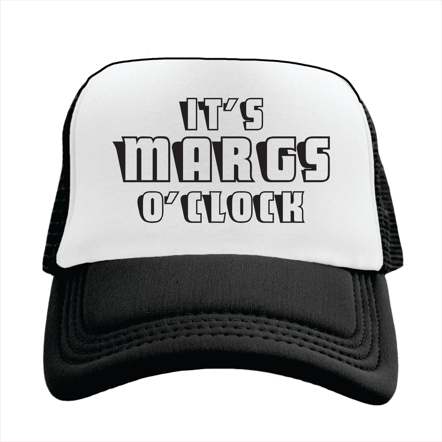 Black and white trucker hat cap with the text 'IT'S MARGS O' CLOCK' in black capital letters on the front.
