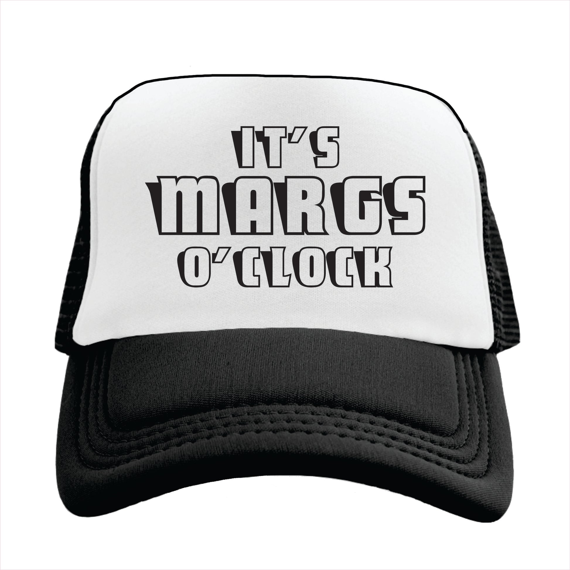 Black and white trucker hat cap with the text 'IT'S MARGS O' CLOCK' in black capital letters on the front.