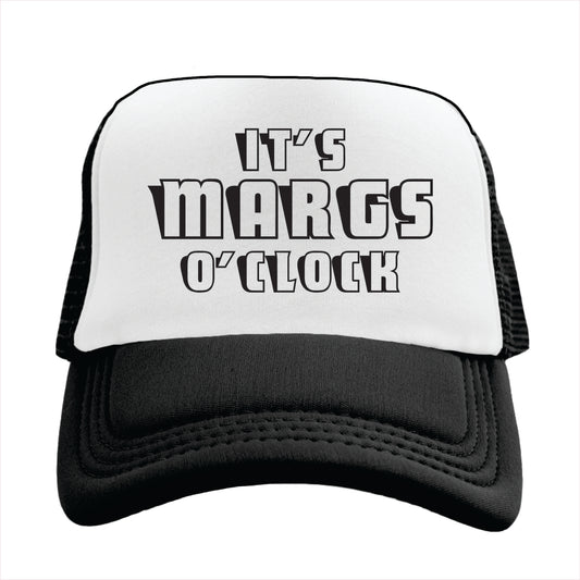 Black and white trucker hat cap with the text 'IT'S MARGS O' CLOCK' in black capital letters on the front.