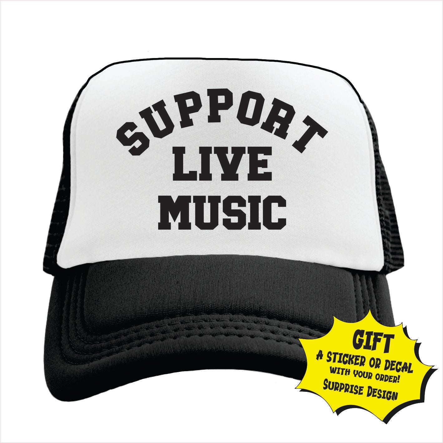 Black and white trucker hat cap with 'SUPPORT LIVE MUSIC' text in black.