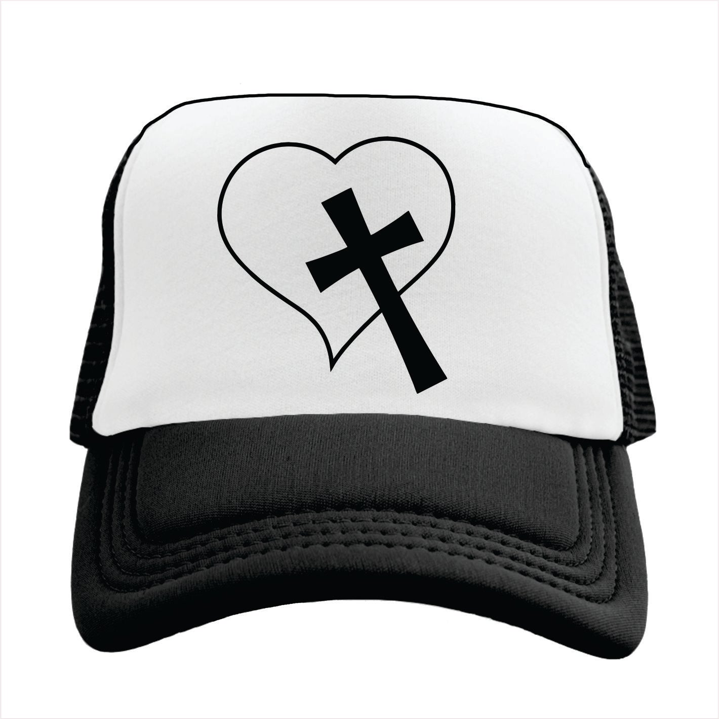 Black and white trucker hat cap with a heart and cross design on a white background