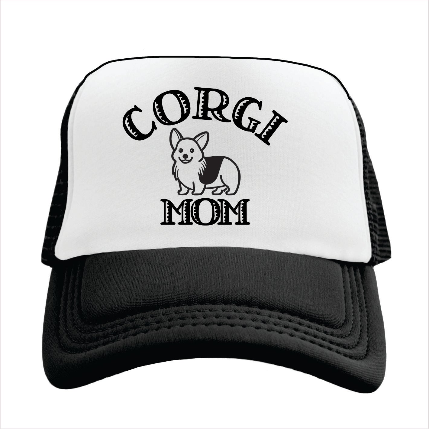 Black and white trucker hat cap with 'CORGI MOM' text and a silhouette of a corgi dog on the front.