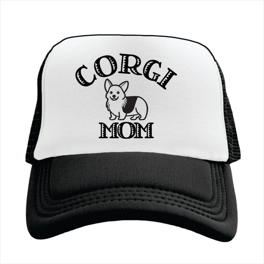 Black and white trucker hat cap with 'CORGI MOM' text and a silhouette of a corgi dog on the front.