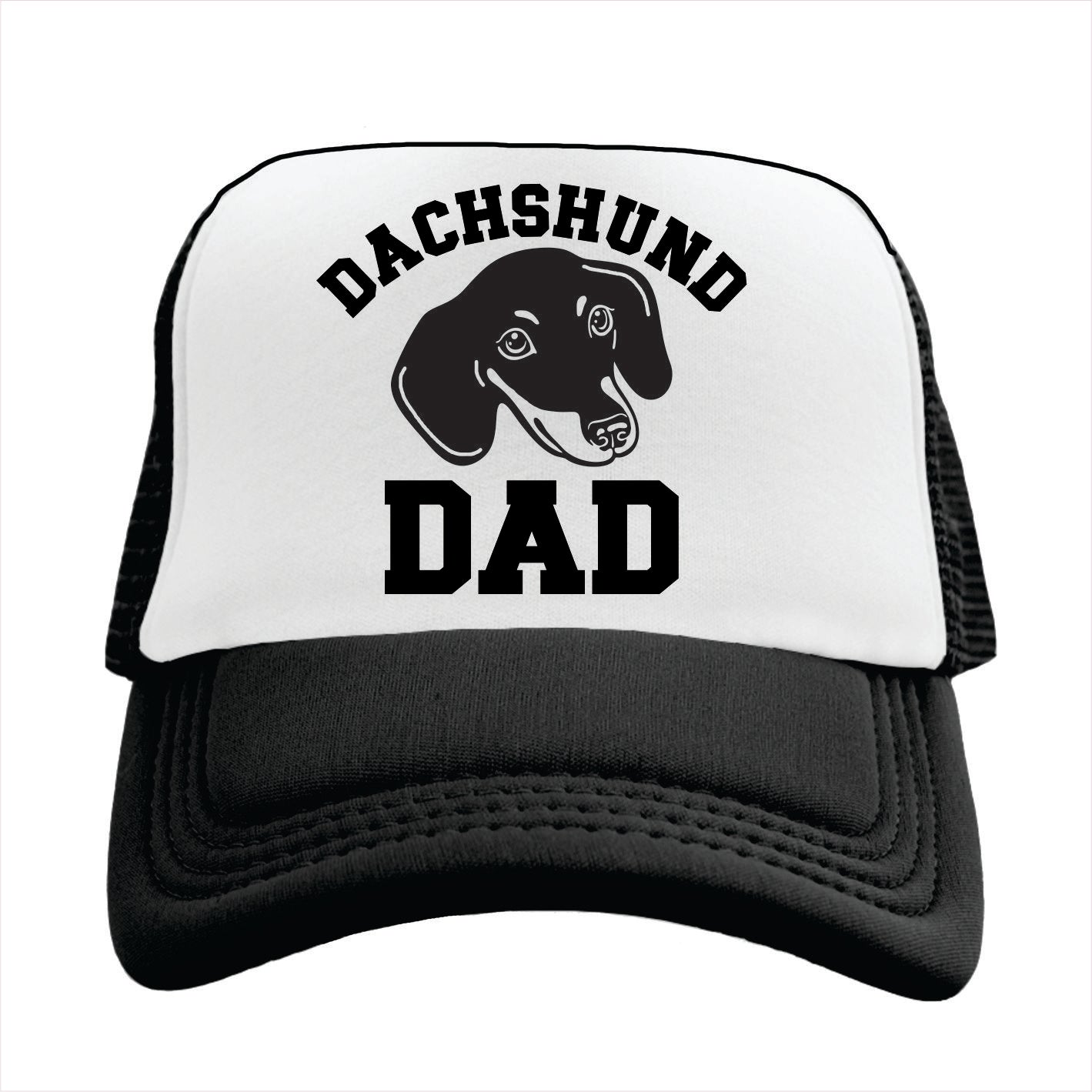 Trucker hat with 'Dachshund Dad' text and dachshund graphic on a white background