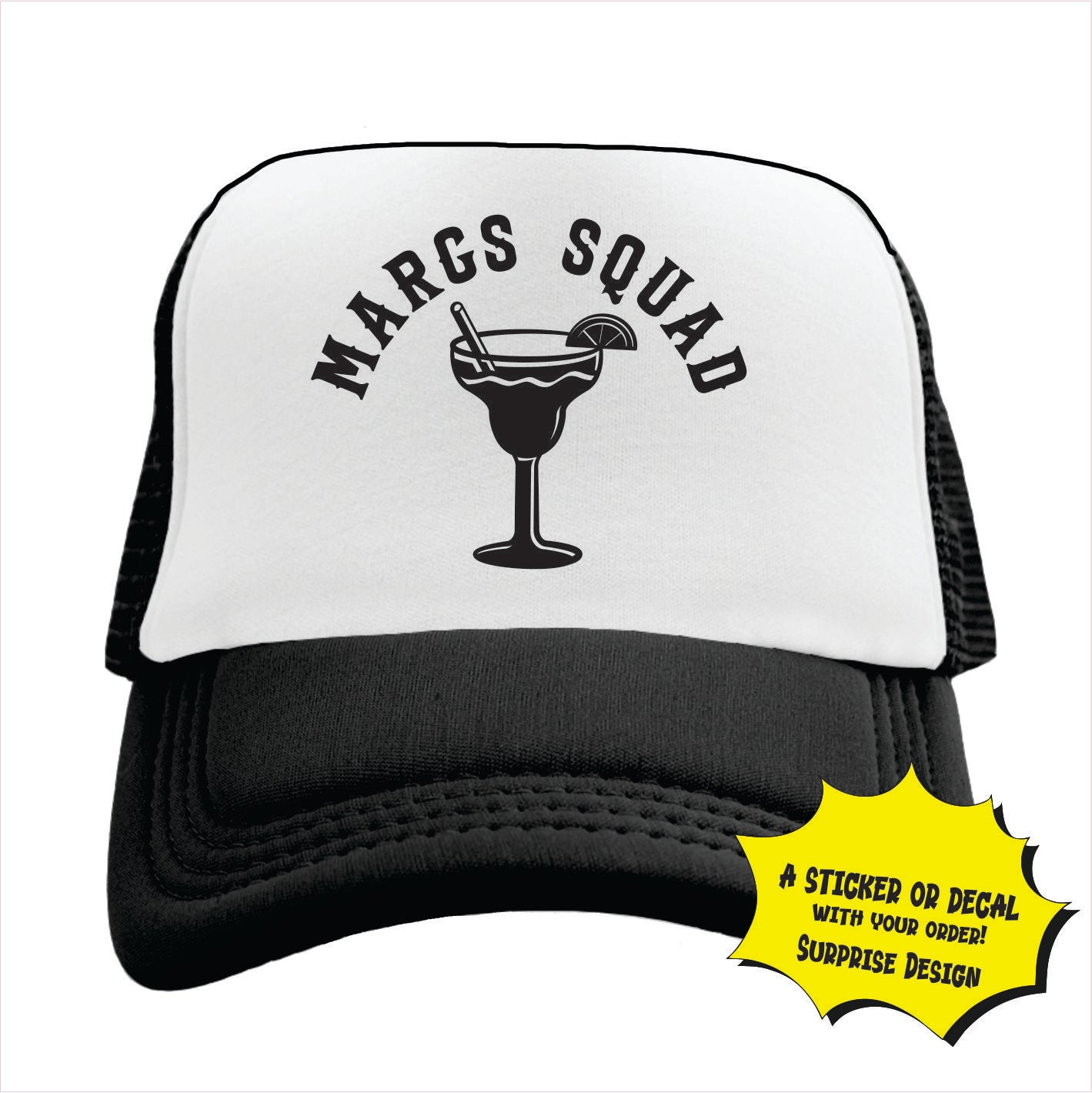 Black and white trucker hat cap with 'Margs Squad' text and margarita graphic.