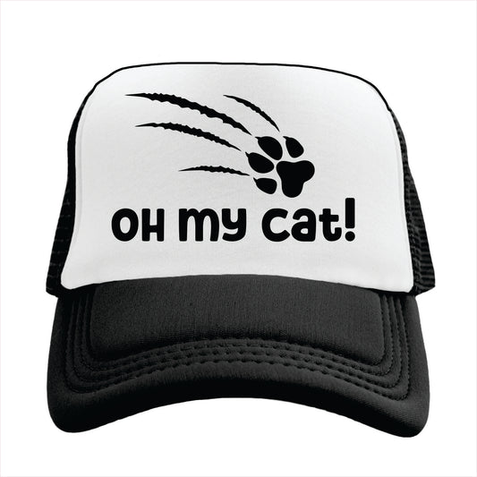 Black and white trucker hat cap with 'Oh my cat!' text and paw print design on a white background