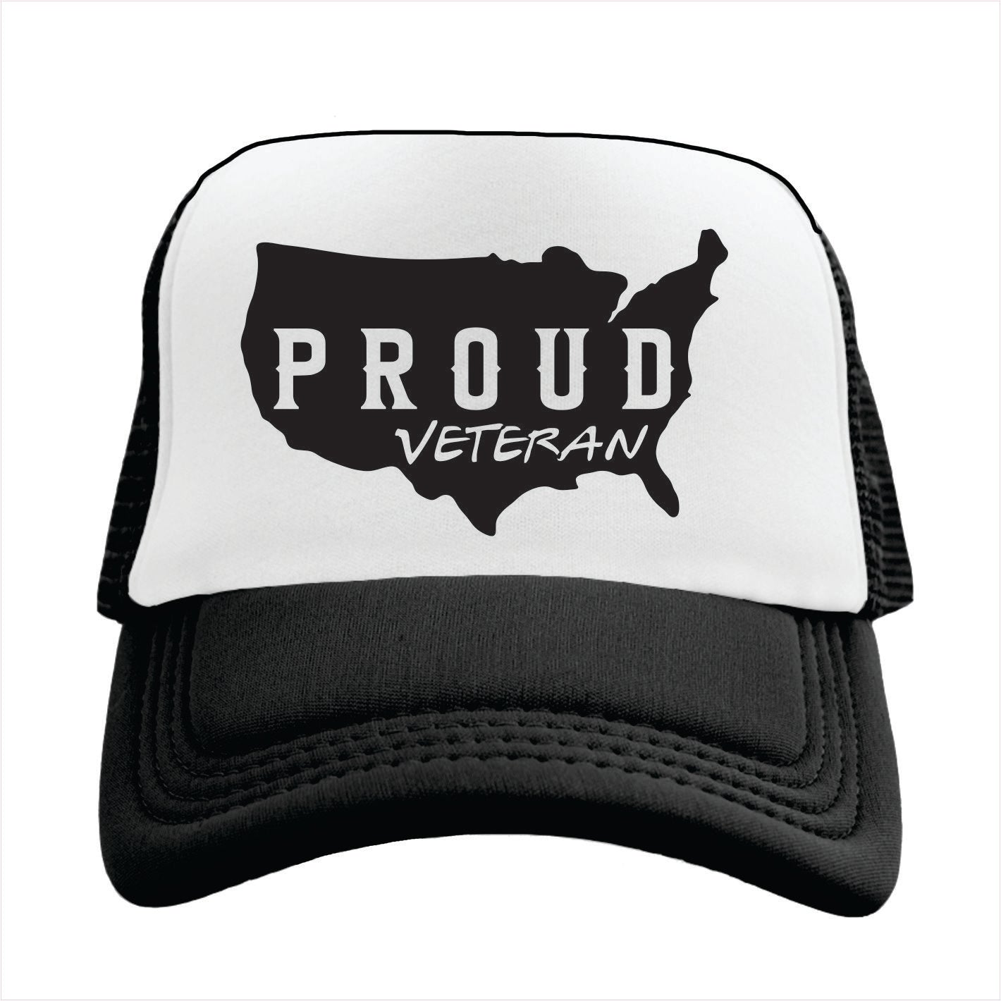 Black and white Trucker hat with 'Proud Veteran' design on a white background