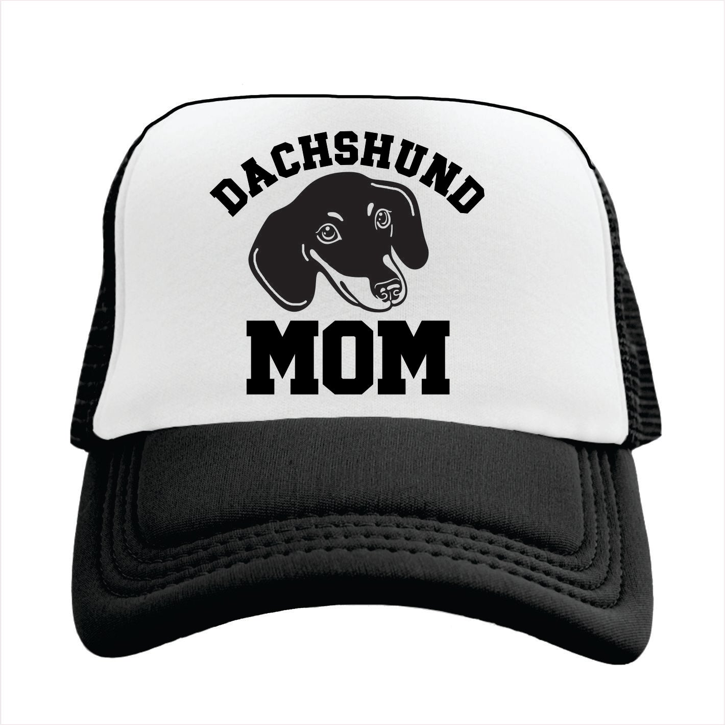 Black and white trucker hat cap with 'Dachshund Mom' text and dachshund graphic on a white background