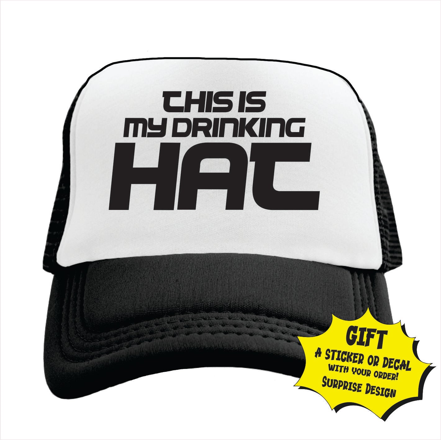 Black and white trucker hat cap with the text 'This is my drinking HAT' printed on the front.