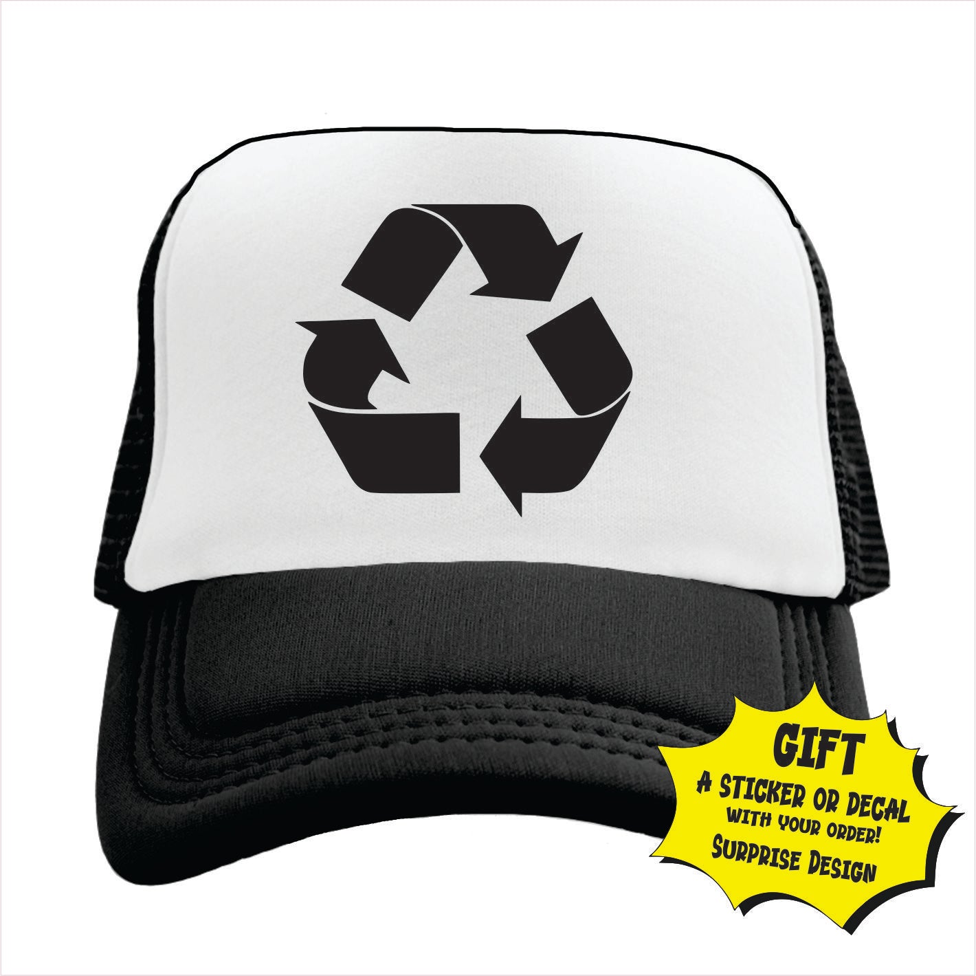 Black and white trucker hat cap with a recycle symbol on the front.