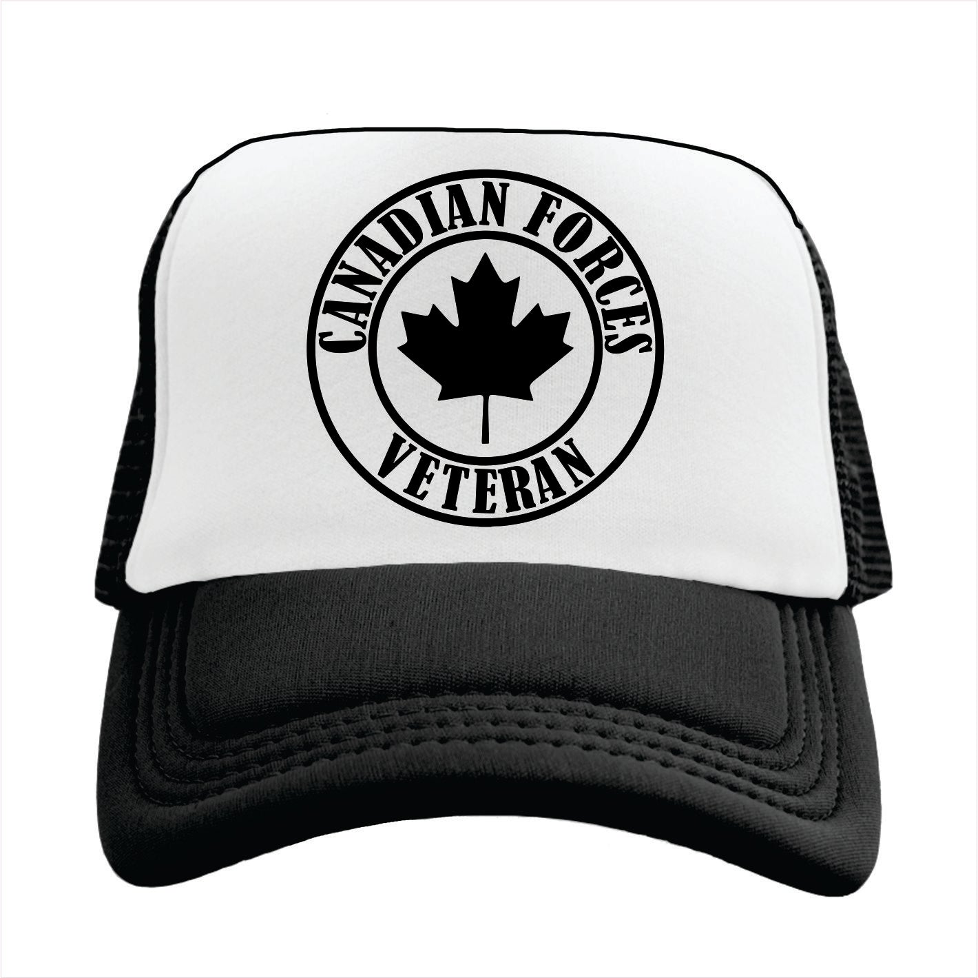 Black and white Trucker hat cap with 'Canadian Forces Veteran' logo on a white background