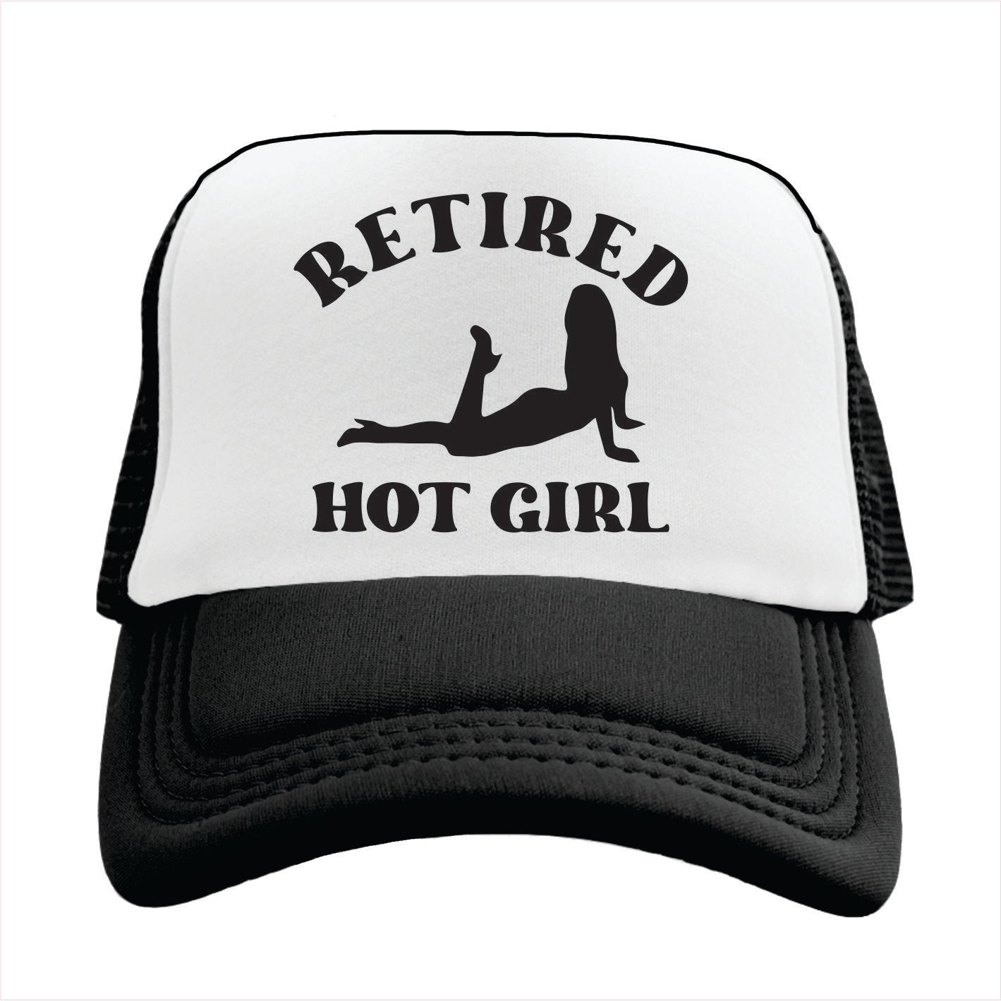 Black and white trucker hat cap with 'Retired Hot Girl' text and graphic on a white background