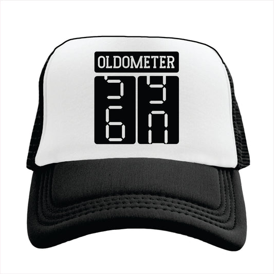 Black and white trucker hat cap with 'OLDOMETER' text on a white background