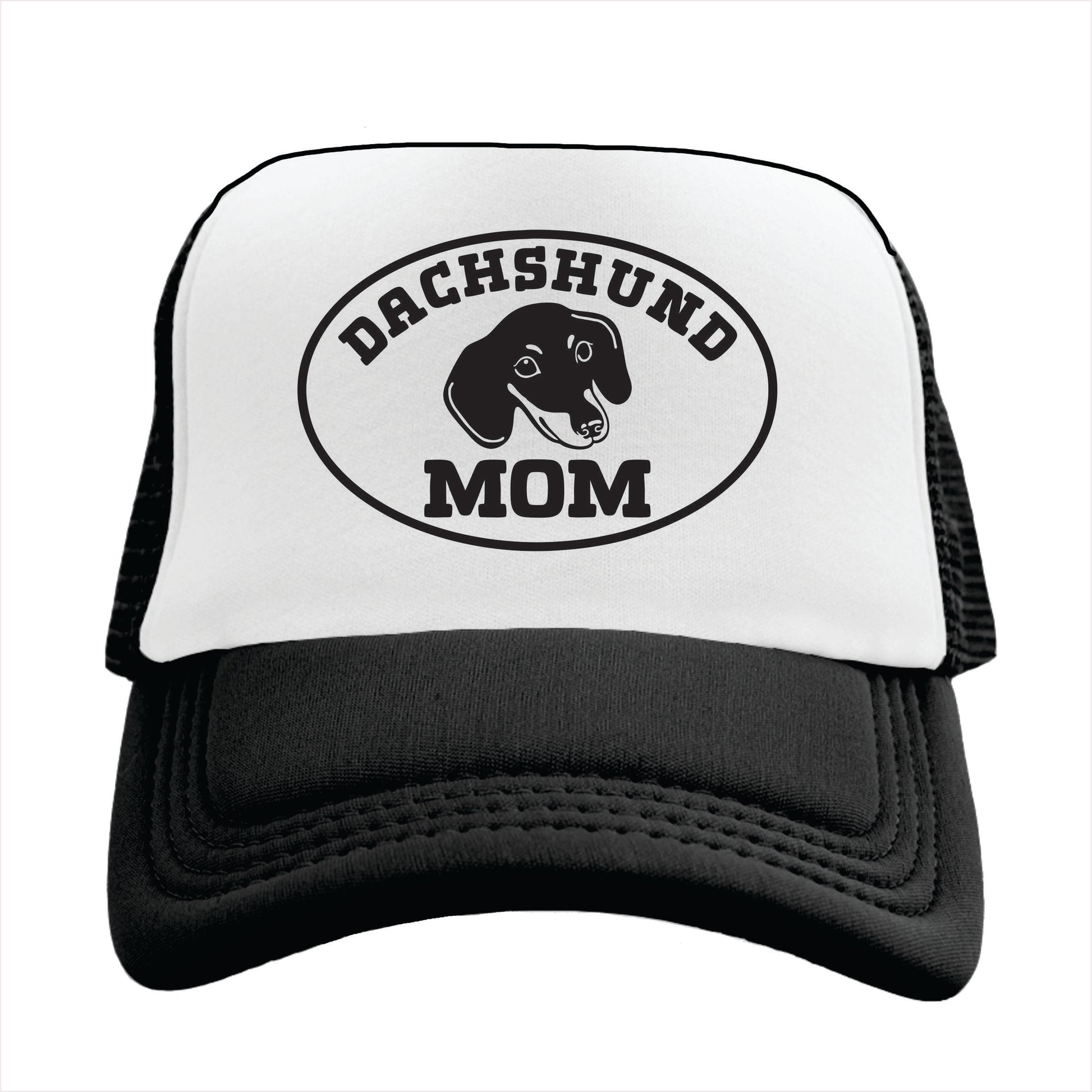 Black and white trucker hat cap with 'DACHSHUND MOM' written on it and the silhouette of a dachshund in the center.