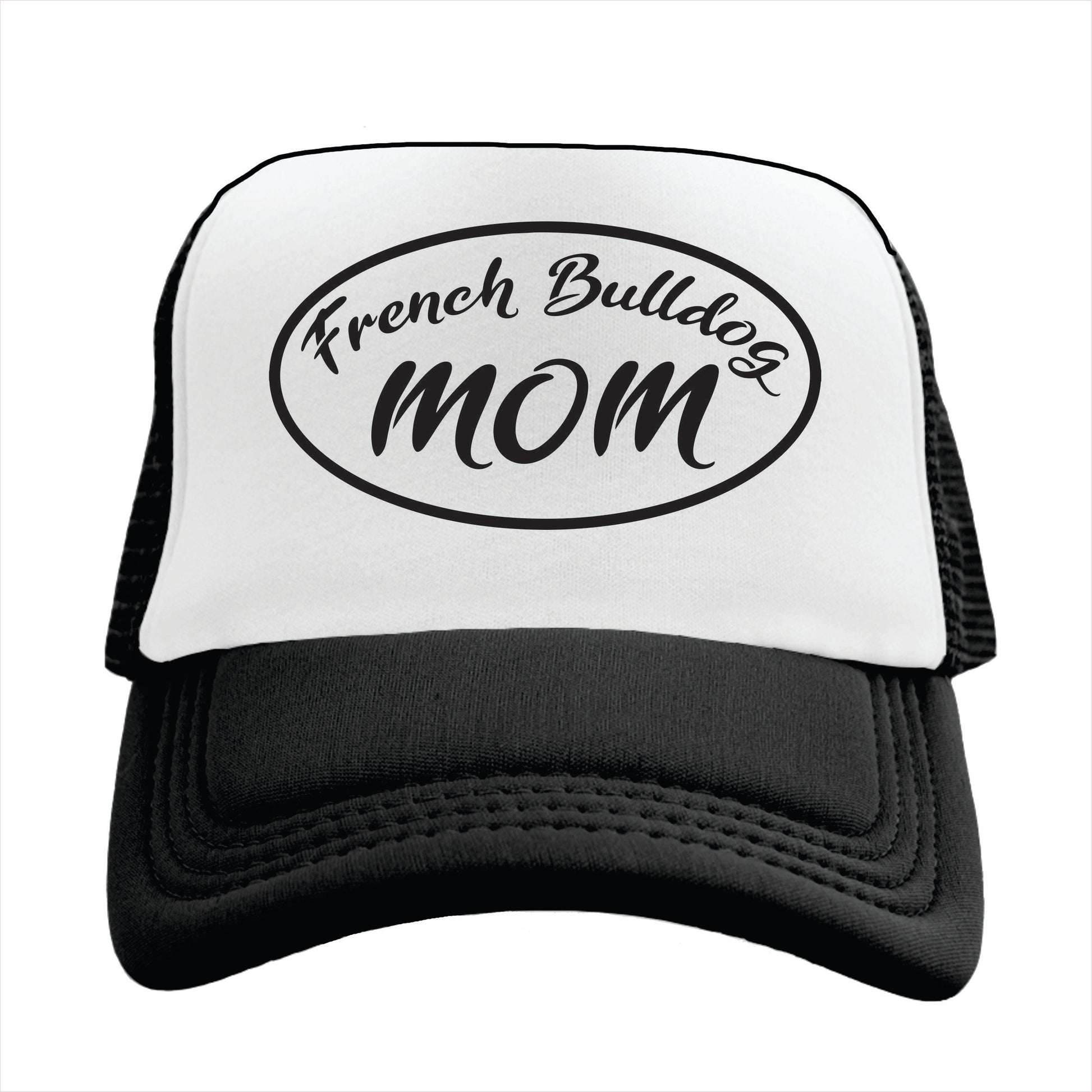 Black and white trucker hat cap with 'French Bulldog MOM' text in a circular design on the front.