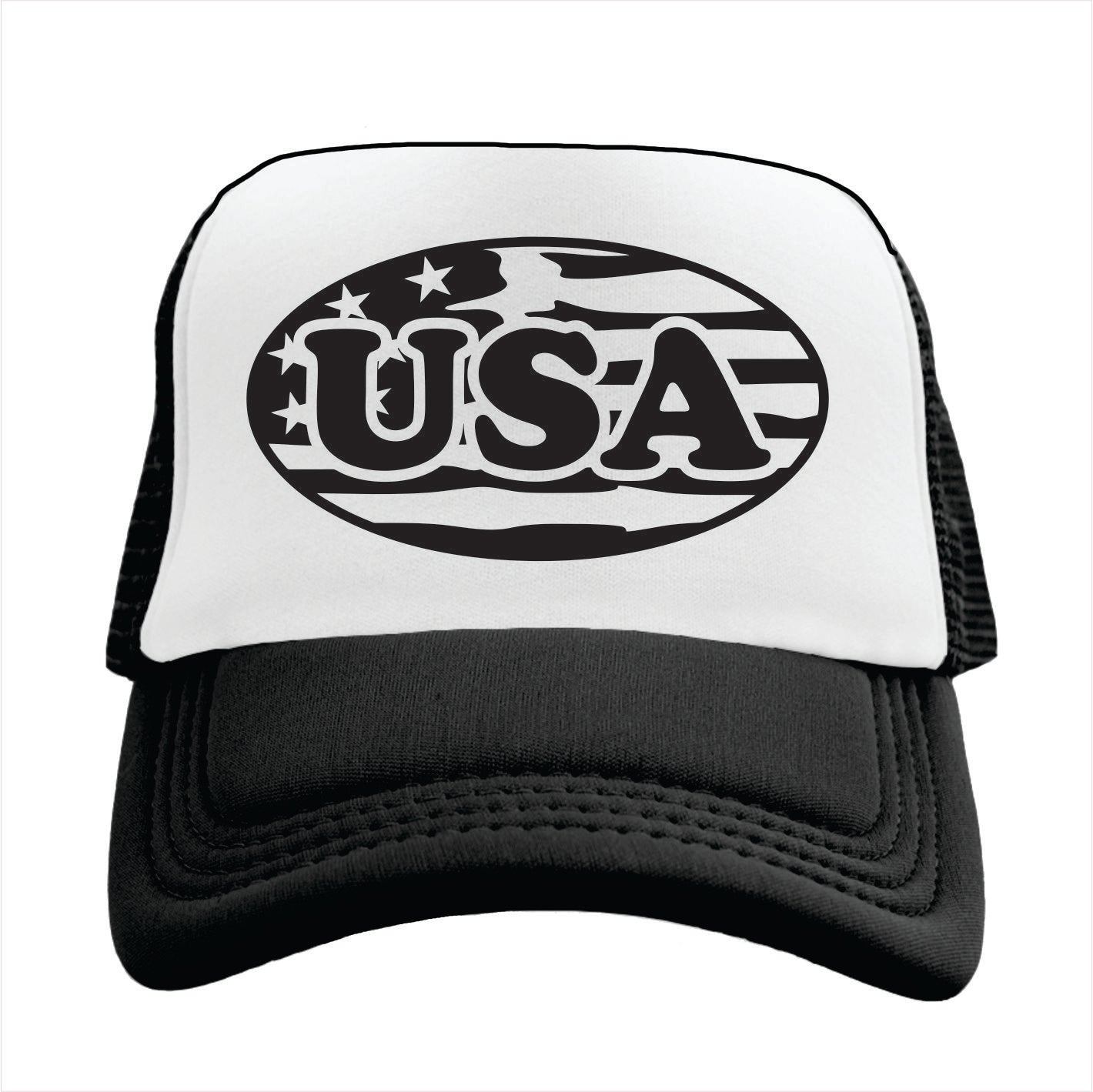 Black and white Trucker hat with 'USA' and flag design on a white background