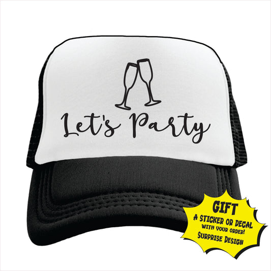 Black and white trucker hat cap with 'Let's Party' text and two champagne glasses printed in red on the front panel.