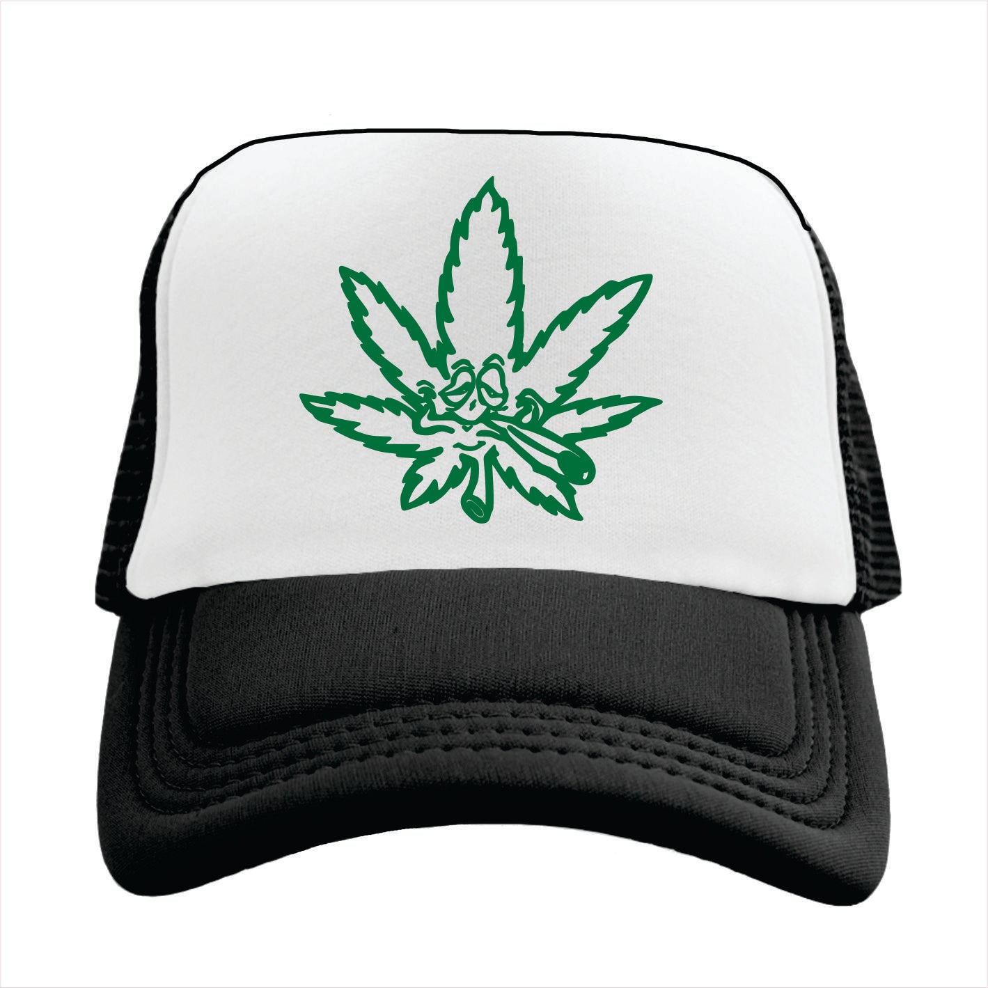 Black and white trucker hat cap with green cannabis leaf design on a white background